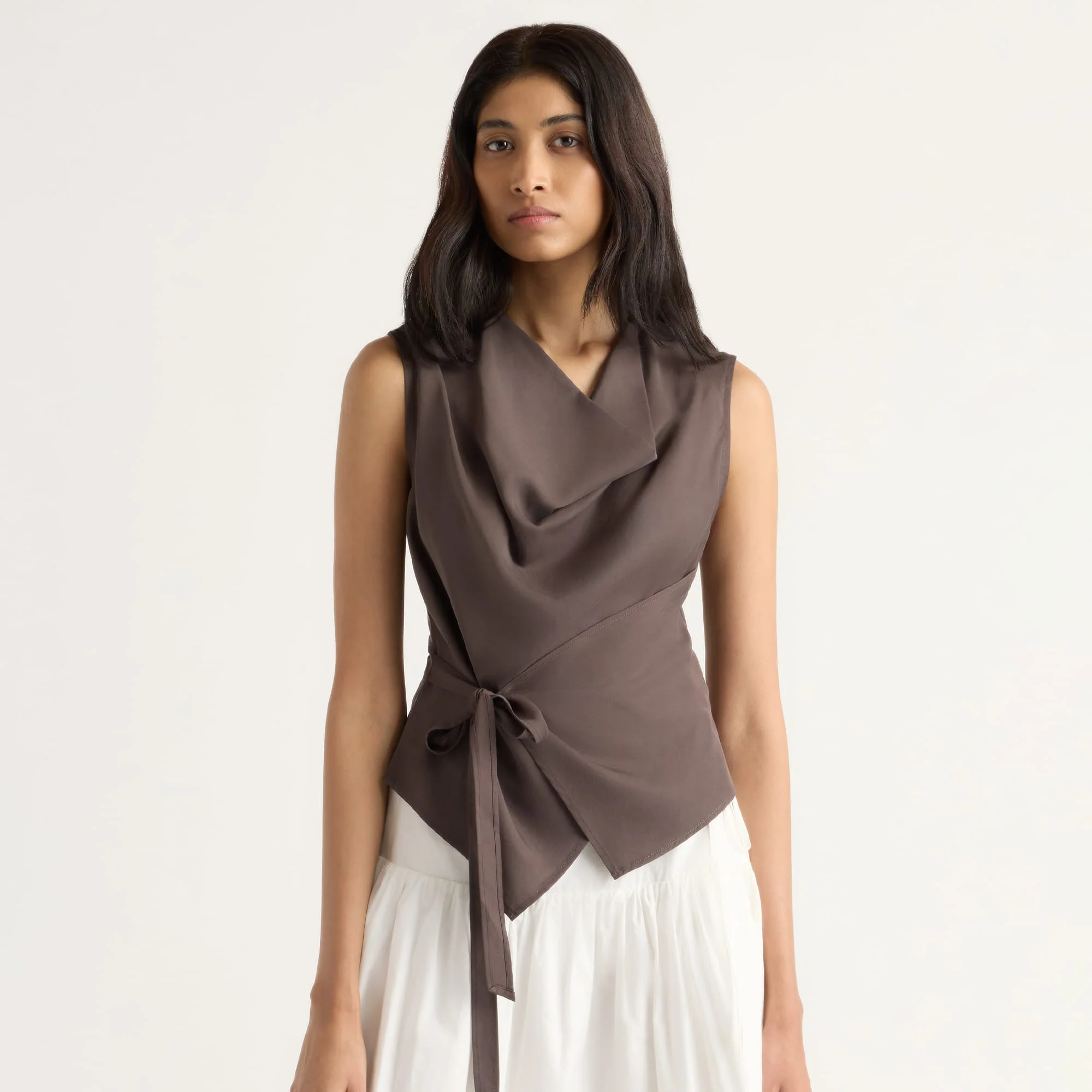 Dion Tencel Cowl-Neck Wrap Blouse
