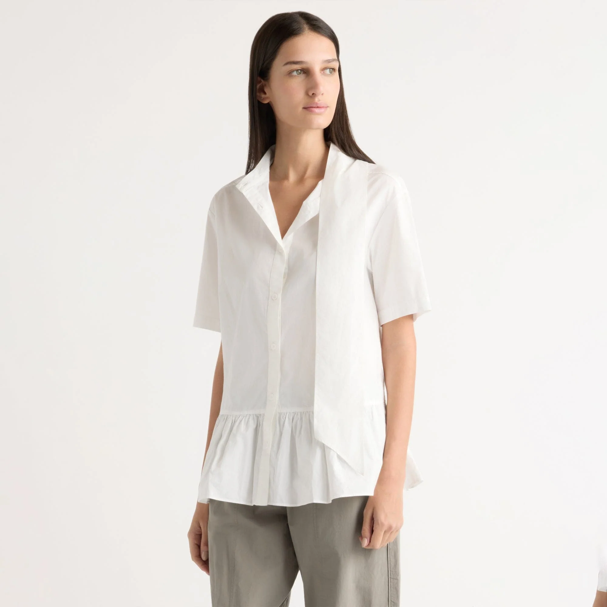 Gretta Scarf-Neck Ruffled Tunic Blouse