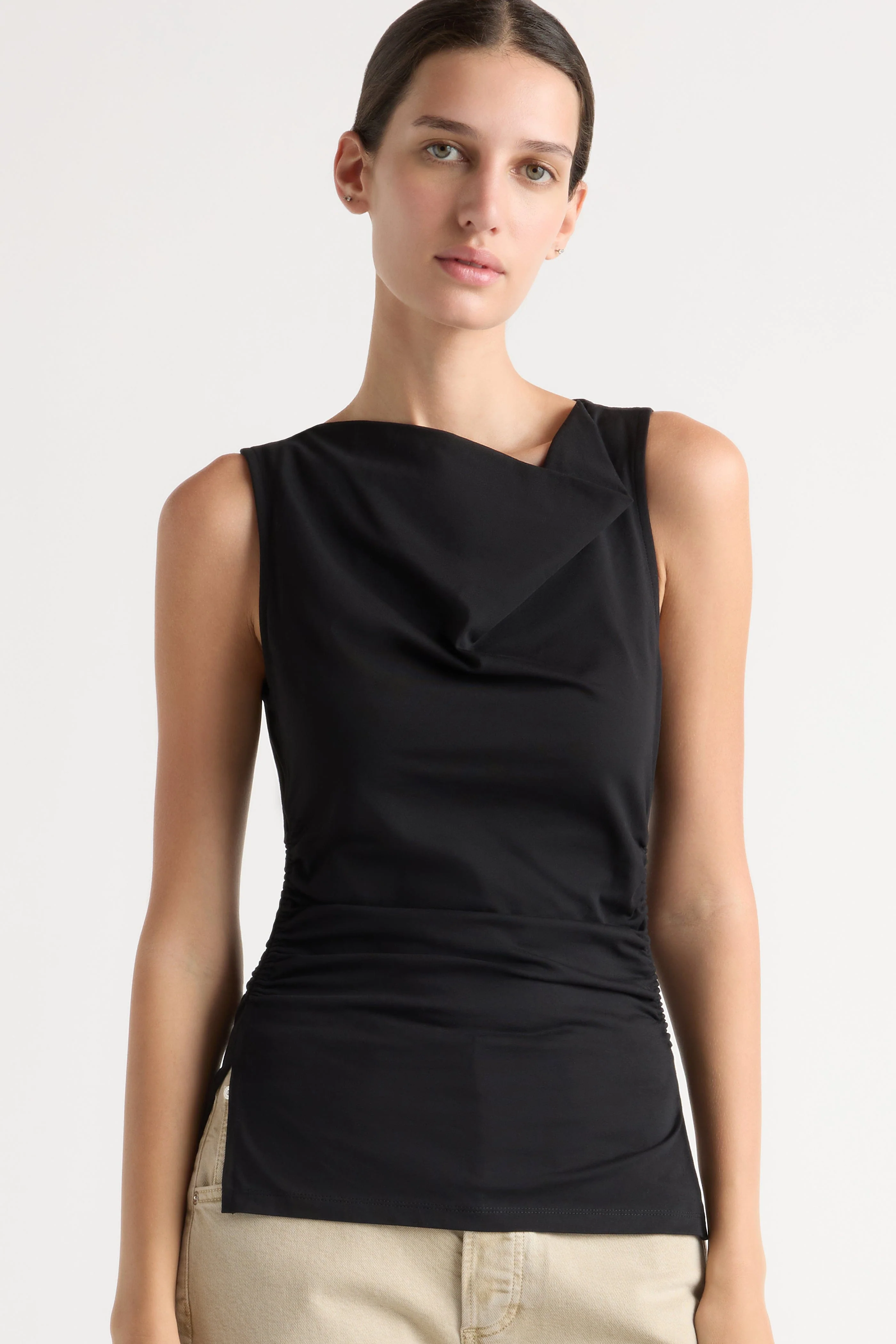 Josie Shirred-Side Cowl-Neck Tee - Image 4