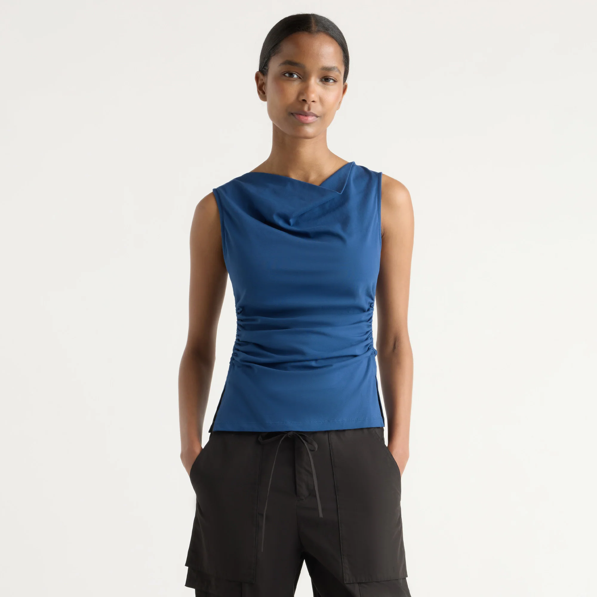 Josie Shirred-Side Cowl-Neck Tee
