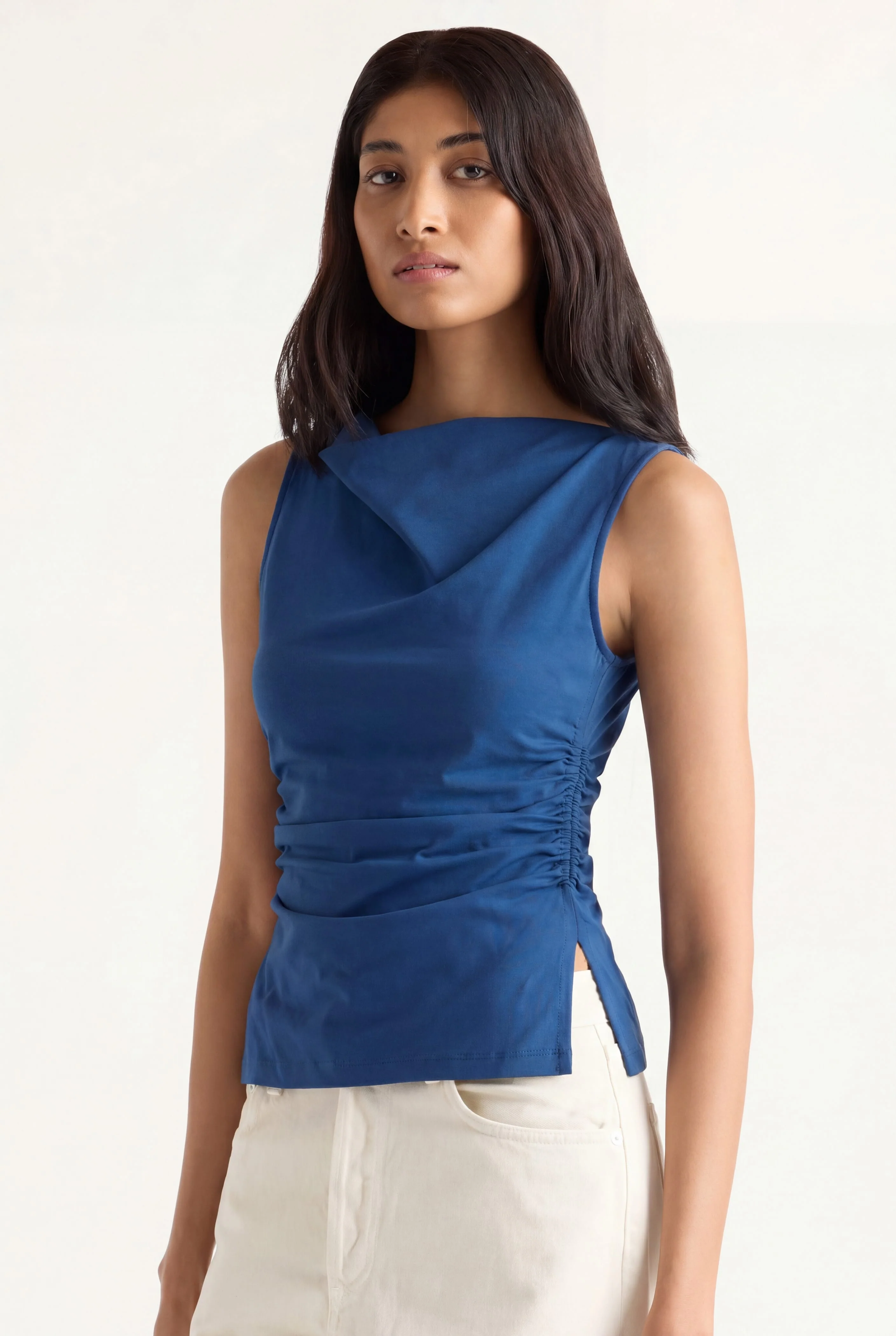 Josie Shirred-Side Cowl-Neck Tee - Image 7