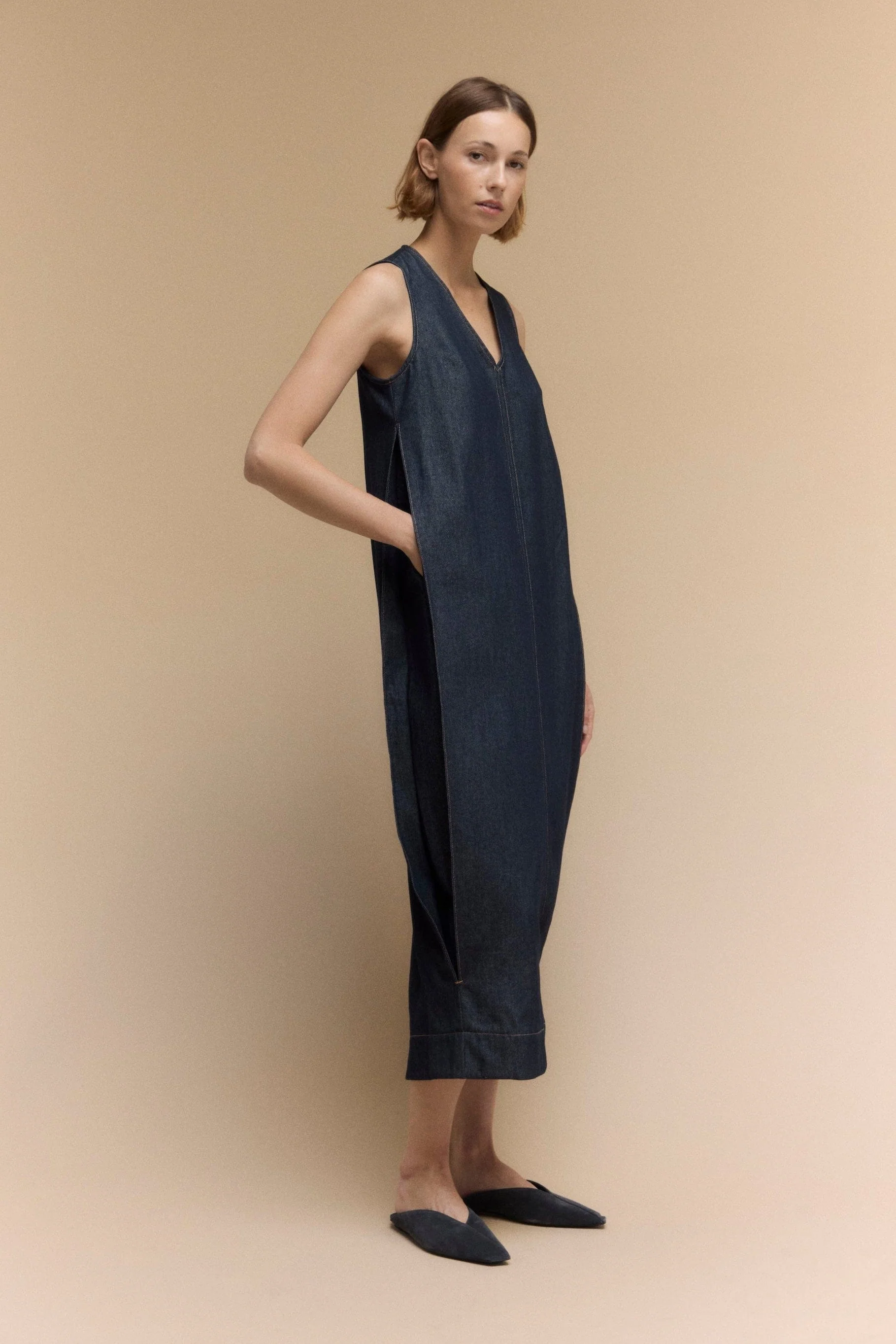 Yusra Side-Pleat Dome Denim Dress - Image 8